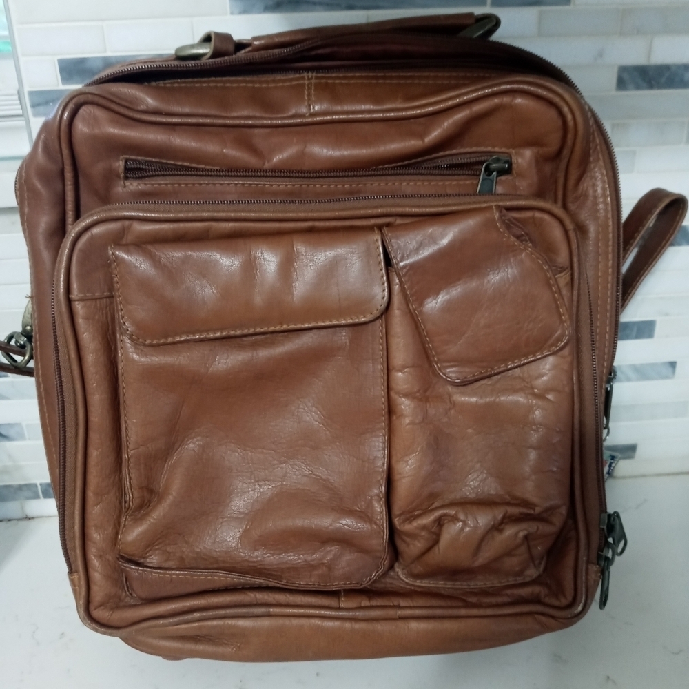 VINTAGE LAS VEGAS HILTON MEN'S LEATHER OFFICE ORGANIZER SATCHEL CARRY ON CAMEL